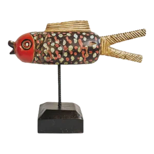 Vintage Mid 20th Century Mali Wood Bozo Fish Puppet on Stand