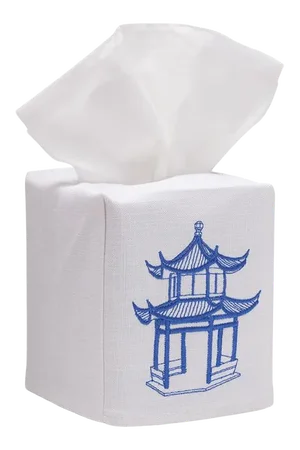 Blue Pagoda Tissue Box Cover in White Linen & Cotton, Embroidered