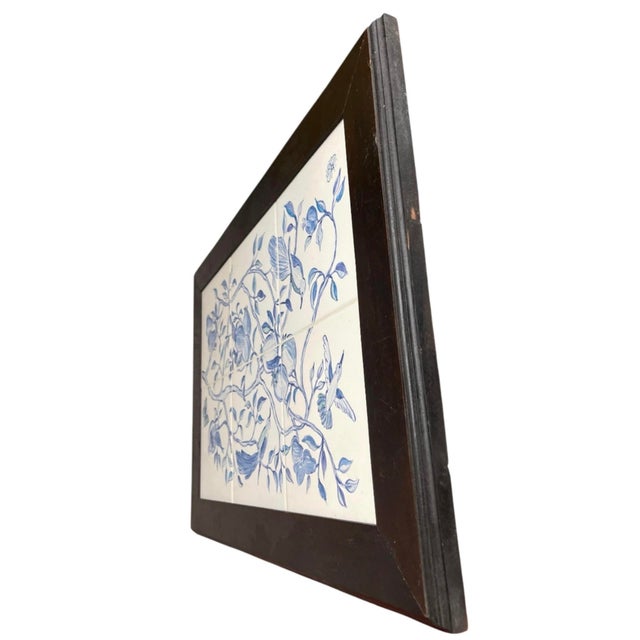 Vintage Blue & White Ceramic Tile Wall Panel - Chinoiserie Botanical & Bird Motif For Sale - Image 4 of 12