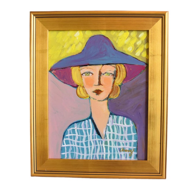 Blue Original Portrait Oil Painting by Ruth Arenz Including the Antiqued Gold Wood Frame For Sale - Image 8 of 8
