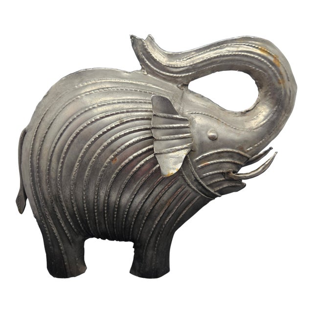 Brutalist Elephant Sculpture Raised Tusk Welded Galvanized Iron Metal Art For Sale