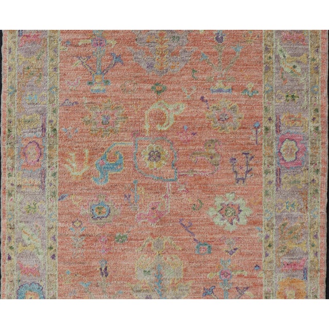 Textile Hand Knotted Turkish Floral Oushak With Orange Background and Lilac Border 4'0 X 6'0 For Sale - Image 7 of 11