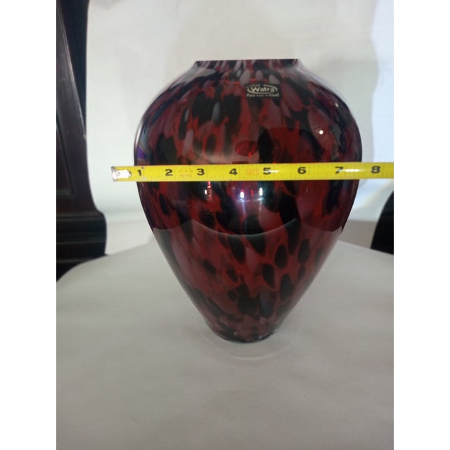 1970s Watra Art Glass Vase Ruby Red & Black Speckled Mottled Bulb Shape Label For Sale - Image 5 of 8