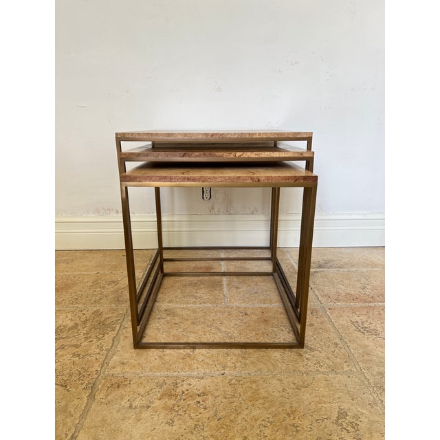 Late 20th Century Burlwood/Brass Nesting Tables - Set of 3 For Sale In San Antonio - Image 6 of 13