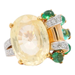 Grs Certified No Heat 12.61 Carat Oval Yellow Sapphire & Emerald Floral Ring Size 8 For Sale