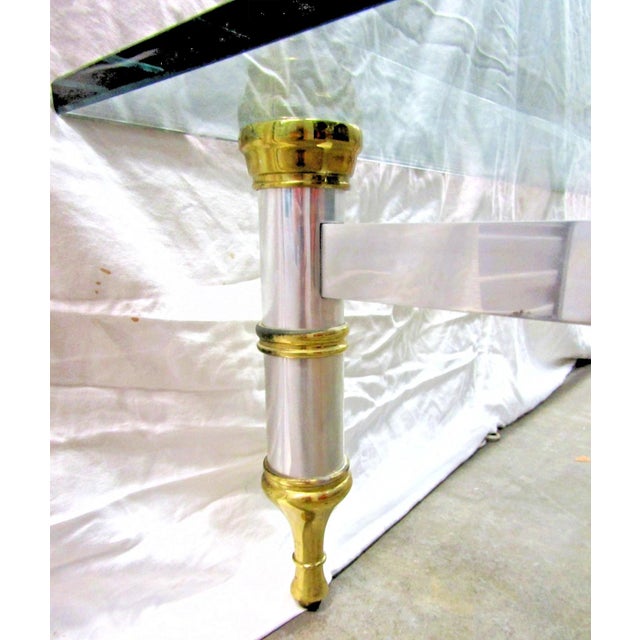 1960s 1960's Maison Jansen 78" Aluminum With Brass Accent Thick Beveled Glass Cocktail Table For Sale - Image 5 of 10