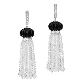Black Fluted Onyx, Moon Quartz Tassel, Diamond Rondel Earrings On Diamond Huggies, A Pair For Sale