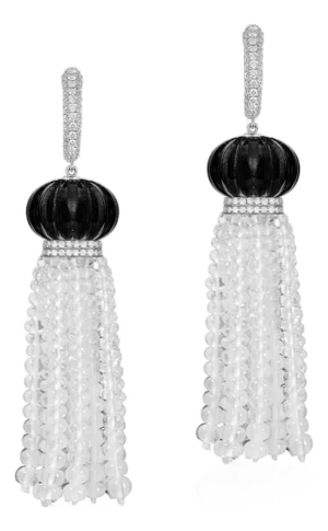 Black Fluted Onyx, Moon Quartz Tassel, Diamond Rondel Earrings On Diamond Huggies, A Pair