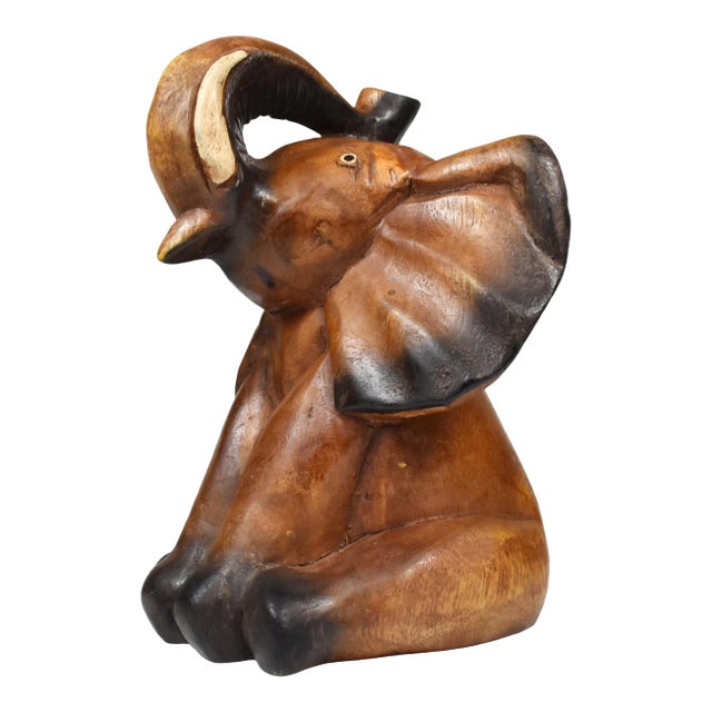 Vintage Carved Solid Wood Sitting Happy Trunk Up Elephant Model Figurine For Sale