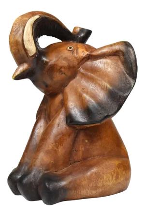 Vintage Carved Solid Wood Sitting Happy Trunk Up Elephant Model Figurine