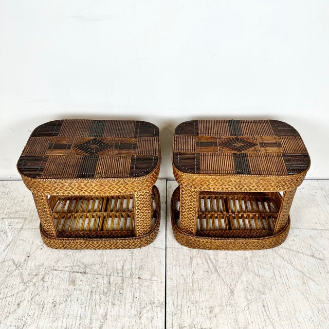 Vintage Woven Pencil Reed Rattan Side Tables- a Pair | Chairish