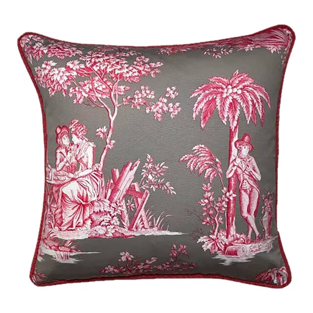 Manuel Canovas Elegant Cerise Toile Designer Pillow With Down/Feather Insert For Sale