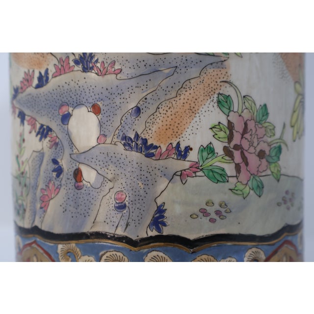 Vintage Macau Hand-Painted Porcelain Umbrella Stand With Floral Garden, Raised Enamels & Gilt Detail For Sale - Image 9 of 18