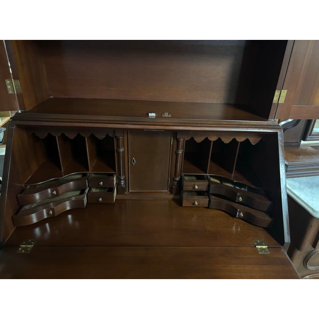 Mid 20th Century American Mahogany Secretary Desk Bookcase, Drop-Front Writing Desk With Hidden Compartments & Key For Sale - Image 5 of 11