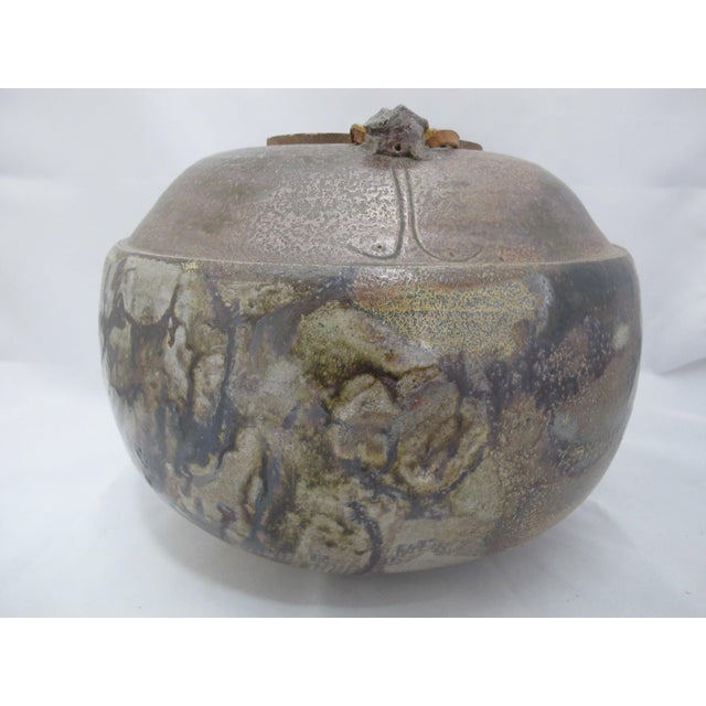 Abstract Sandra Johnstone Salt Fired Glaze Abstract Art Pottery Jar Jug With Wood Lid For Sale - Image 3 of 15