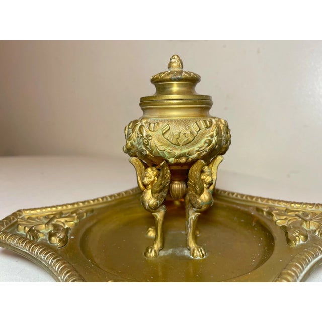 19th Century Antique Ornate 1800's Victorian Gilt Bronze Griffin Brass Desk Inkwell Stand Jar For Sale - Image 5 of 17