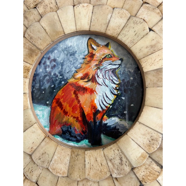 Original Petite Painting of a Red Fox in the Snow in Ornate Round Frame For Sale - Image 4 of 8