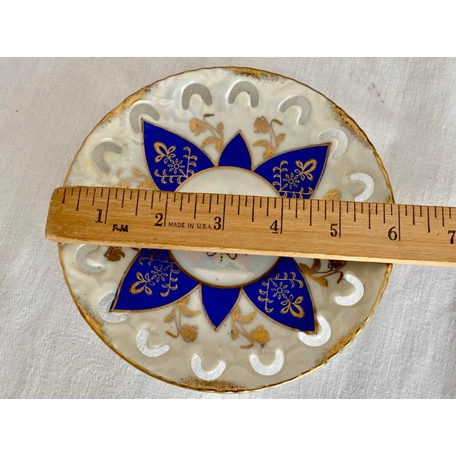 Vintage Ucagco Ceramics Japan Porcelain Teacup and Saucer Set Cobalt Blue Pink Rose Lusterware Pierced Scalloped Rim Mid-Century Excellent Condition For Sale - Image 10 of 13
