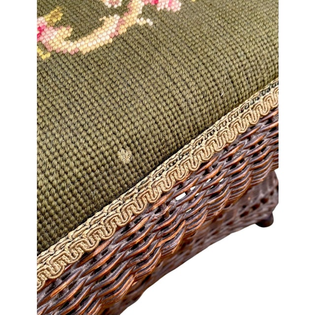 Wood Antique Heywood Wakefield Wicker Foot Stool Ottoman For Sale - Image 7 of 16