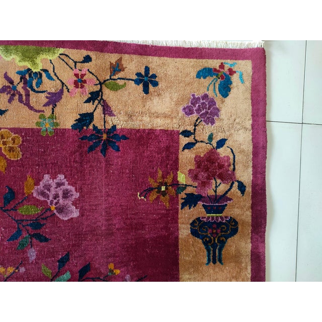 Art Deco 1920s Dark Pink Floral Open Field Antique Chinese Art Deco Rug 6' X 8'8" Handknotted Wool Carpet For Sale - Image 3 of 10