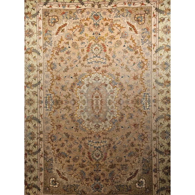 Persian Tabriz Rug, Handwoven Floral Design, Silk Highlight, Taupe & Pale Green, 7’ X 10’ For Sale - Image 11 of 12