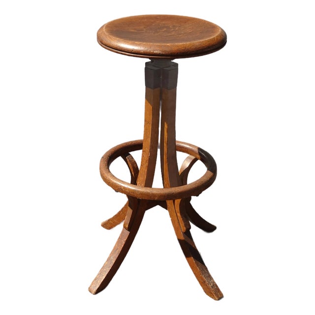 Antique Industrial Adjustable Swivel Oak Drafting Stool Barstool 1of3 ~ # 1 For Sale