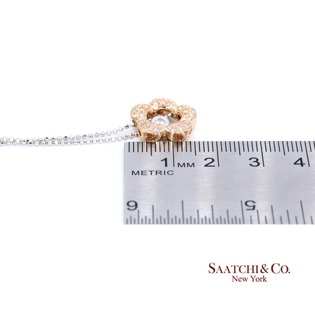 Rose 18k 750 Two Tone Rose and White Gold Natural Diamond Flower Pendant With Chain For Sale - Image 8 of 8