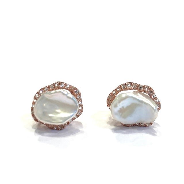 Bochic “Capri” Rose Cut White Topaz & Pearl Earrings Set In 18K Gold & Silver For Sale - Image 12 of 12