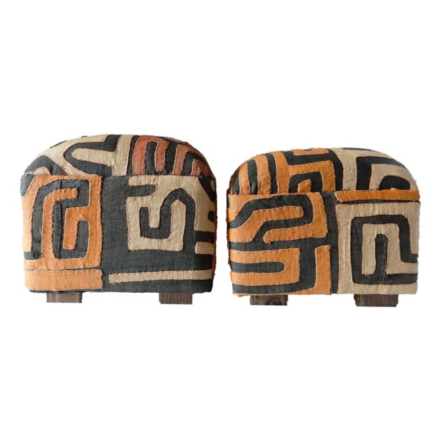 Vintage Custom Made African Upholstered Kuba Textile Ottomans/Footstools, Set of Two For Sale