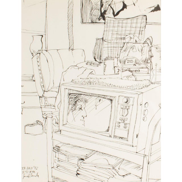 A 1972 ink drawing by the American artist James L. Bruch (1942-2023). This detailed work depicts an interior with a...