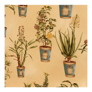 Hand-Printed European Fabricut Vervain Botanique Green Rusty-Red Turquoise Yellow Botanical Potted Floral Fabric- 4 Yards For Sale