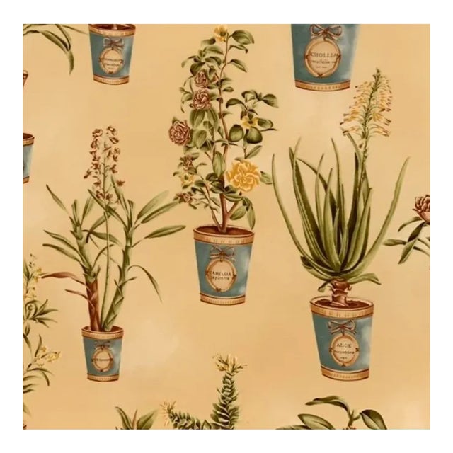 Hand-Printed European Fabricut Vervain Botanique Green Rusty-Red Turquoise Yellow Botanical Potted Floral Fabric- 4 Yards For Sale