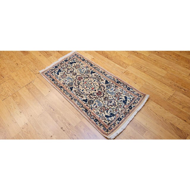 Vintage Persian Nain Area Rug, Hand-Knotted Wool & Silk, Floral Pattern, 2x4, Ivory & Blue For Sale - Image 12 of 13