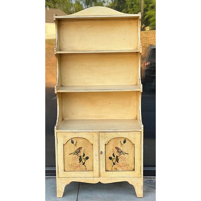 Wood 20th-C. Petite Victorian Style Chinoiserie Bookcases W/ Hand Painted Bird Doors - Pair For Sale - Image 7 of 10