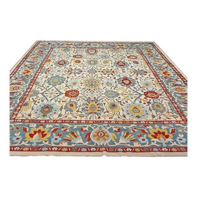 Afghan Sultanabad Wool 13x16 Ivory, Red & Light Blue Handmade Area Rug #1143763 For Sale