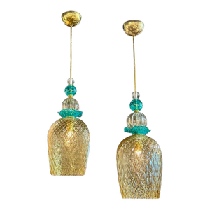 Pair of Modern Champagne Colored and Teal Murano Glass Pendants