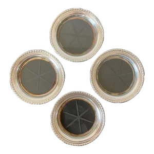 American Cocktail Drinks Bar Coasters With Art Deco Sterling Silver Etched Glass and Rope Design- Set of 4