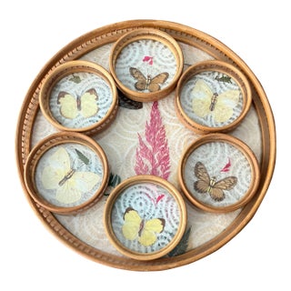 1960s Bamboo Pressed Butterfly Cocktail Tray and Coaster Set-7 Pieces For Sale