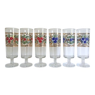 Vintage Mid Century French Floral Gold Leaf Cordial Wine Glasses - Set of 6 For Sale