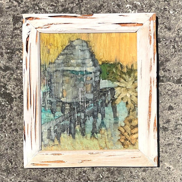 Vintage Boho Original Oil Painting on Board With Cypress Frame For Sale - Image 4 of 5