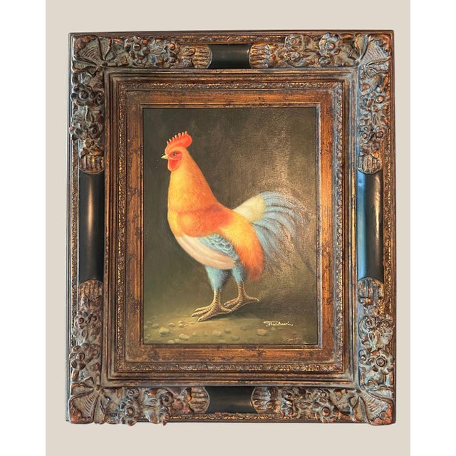 Realism 1950s Mid Century Rooster Oil Painting With Spanish Baroque Style Frame For Sale - Image 3 of 18