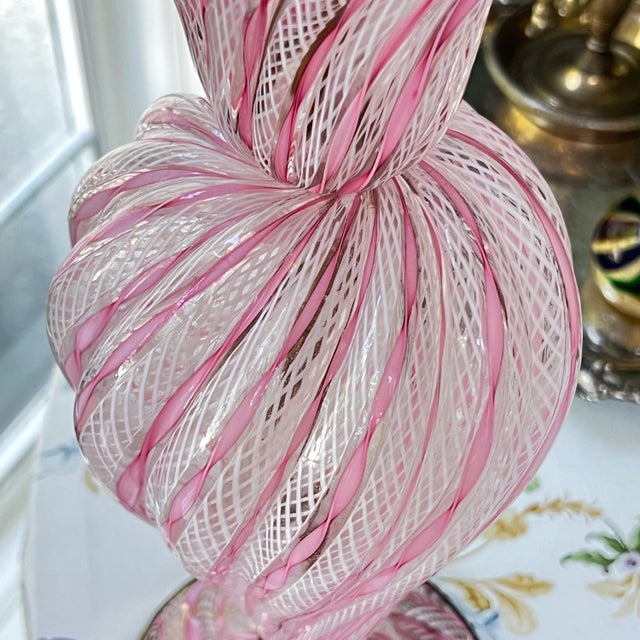 This is a gorgeous vintage Murano blown glass lamp, made in the Latticino style with intricate white lattice glass...