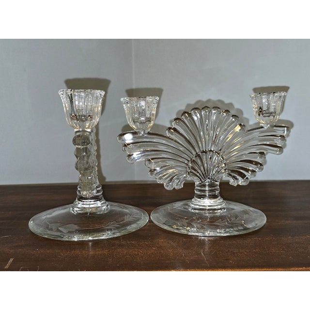 Vintage Pressed‑Glass Candlesticks With Etched Leaf Bases — Pair For Sale - Image 4 of 12