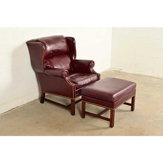 English Hancock & Moore Chippendale Wingback Leather Lounge Chair With Ottoman For Sale - Image 3 of 15