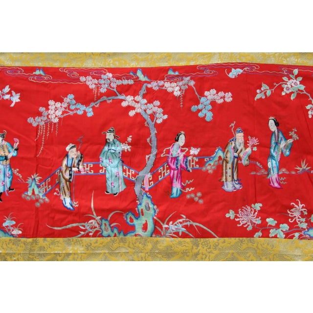 Vintage Chinese Hand Embroidery Long People Gather Scenery Wall Art For Sale - Image 4 of 10