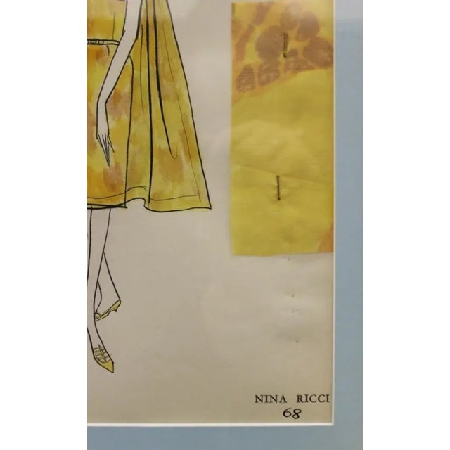 Fabulous original Nina Ricci watercolor c1960s illustration with a fabric swatch attached Provenance: a Beverly Hills, Ca...