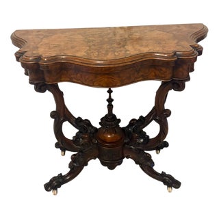 Antique Victorian Burr Walnut Card or Console Table with Carved Basket Base, 1850 For Sale