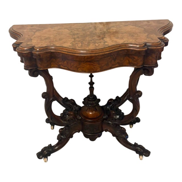 Antique Victorian Burr Walnut Card or Console Table with Carved Basket Base, 1850 For Sale