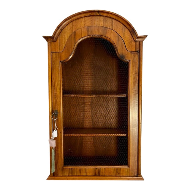 Early 20th-Century Italian Wood Cabinet With Mesh Wire Door, Lock, Key and Jade Butterfly Tassel For Sale