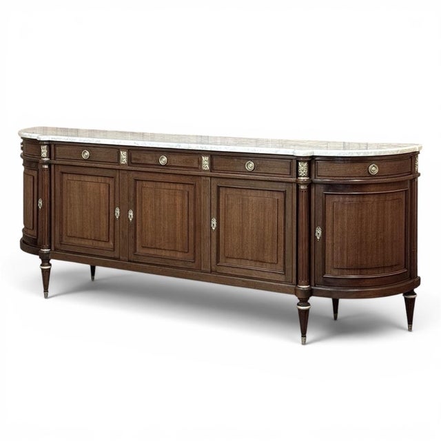 French Mid 20th Century Grand French Louis XVI Mahogany Round-Sided Buffet With Carrara Marble For Sale - Image 3 of 18
